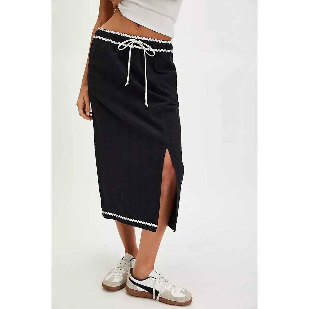 Free‎ People Penelope Midi Skirt Lg Black Contrasting Trim Pull On Travel Cotton
